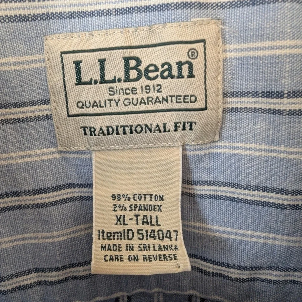 LL Bean Mens XL Tall Blue White Striped Short Sleeve Button Down Shirt - Picture 8 of 9
